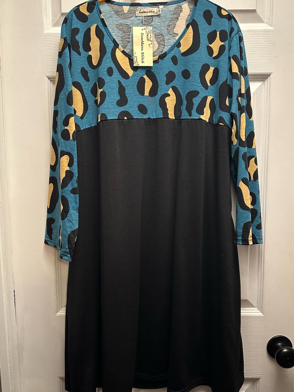 Southern Charm Long Sleeve Teal Leopard Print & Black Panel Dress